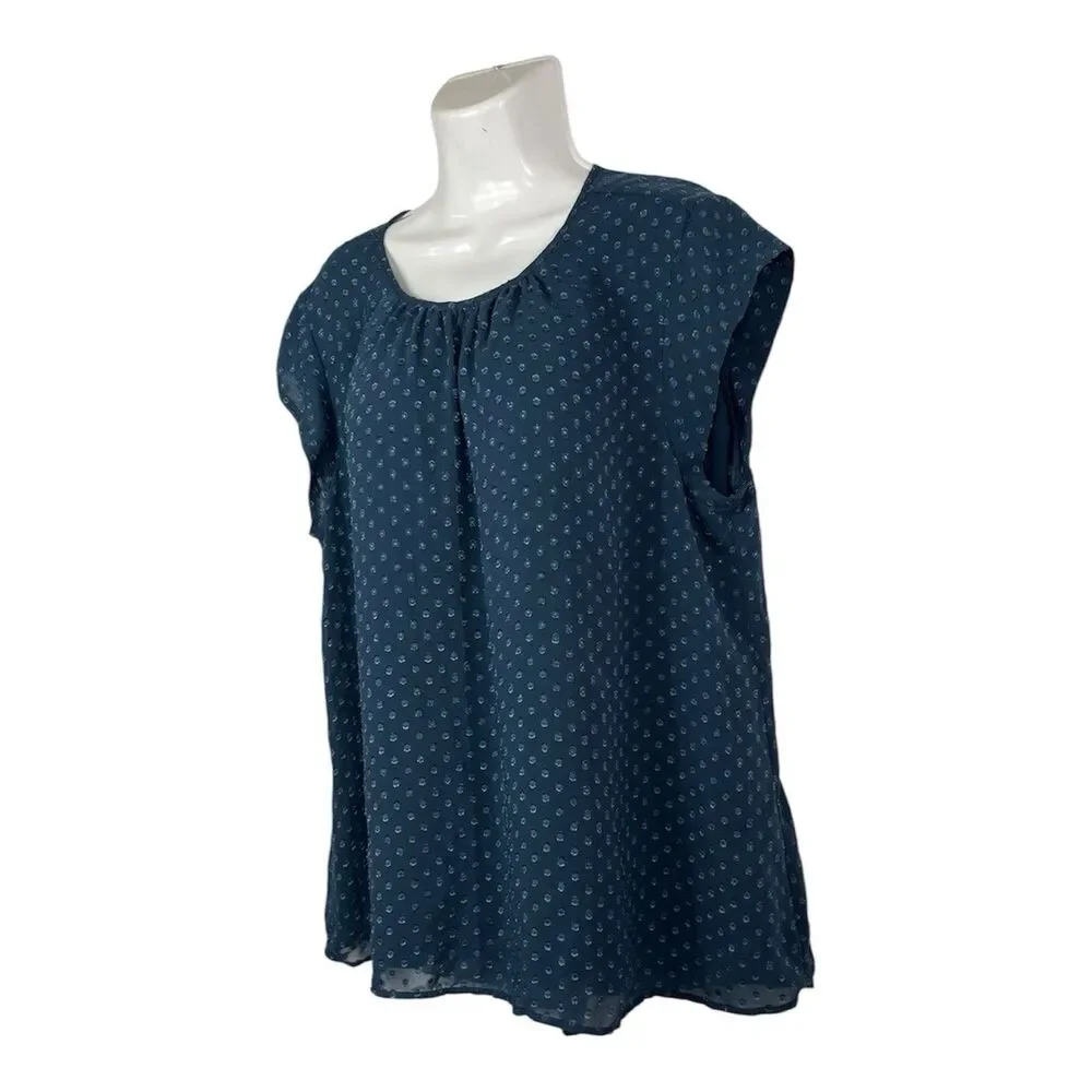 DR2 XL Teal Blue Swiss Dot Sheer Top Cap Sleeve Scoop Neck Lined Blouse Boho - Picture 2 of 10